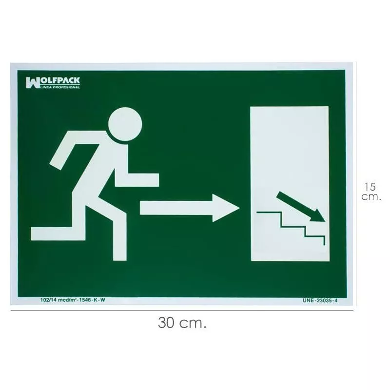 Cartel / señal fluorescente / señal fluorescente salida escalera derecha abajo 21x30 cm. barato