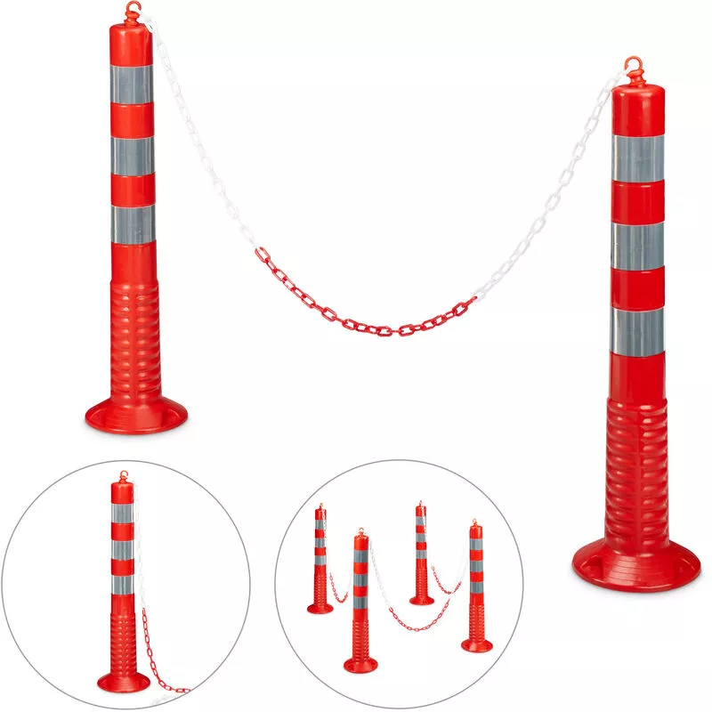Set 2 Bolardos, Aprox. 75X22X22 Cm, Flexible, Reflectante, Cadena, Barrera Parking, Pie Estable, Rojo Y Gris - Relaxdays En Oferta Set 2 Bolardos